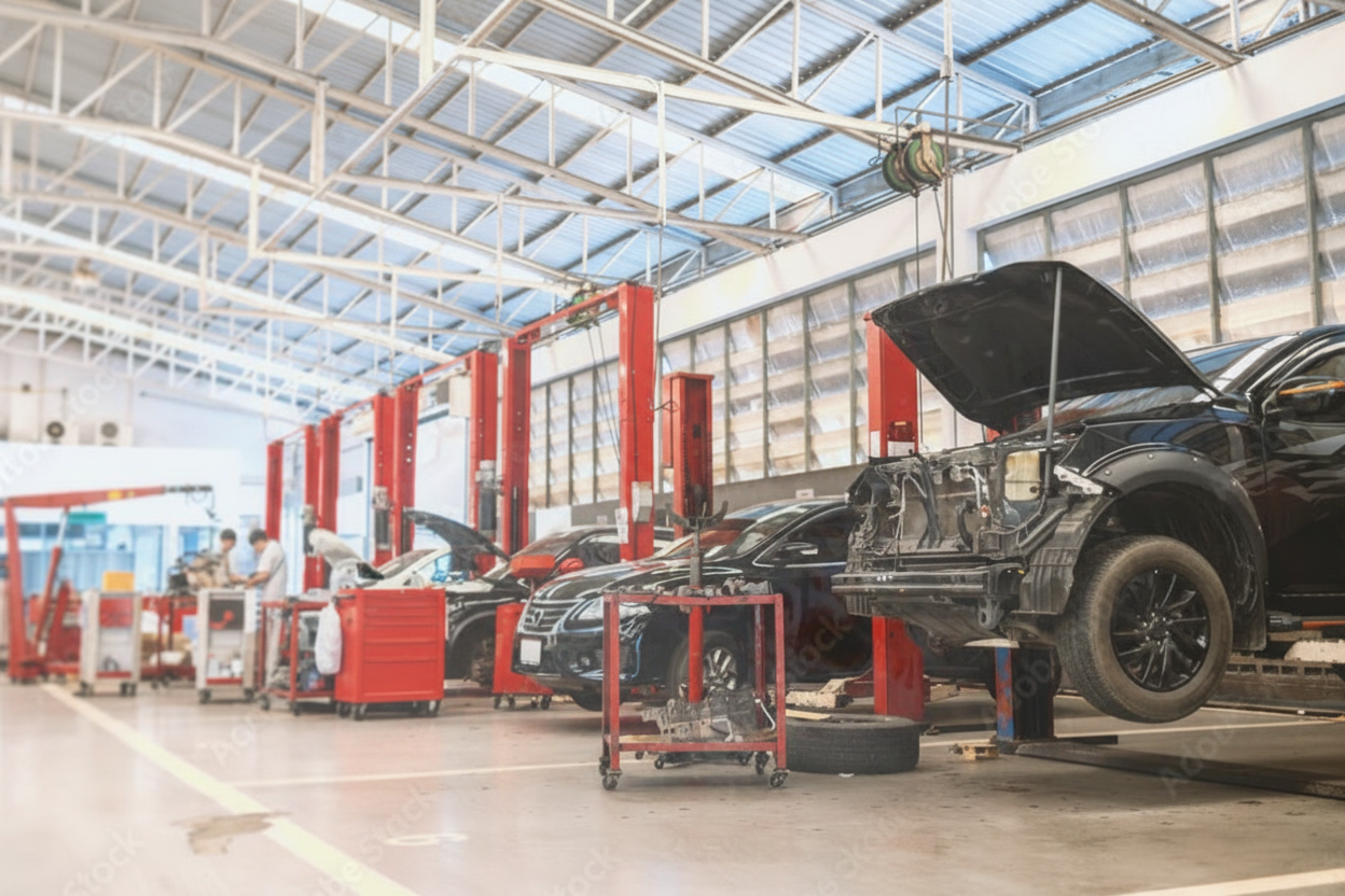 Automotive repair shop with cars on lifts and tools in a well-lit garage.
